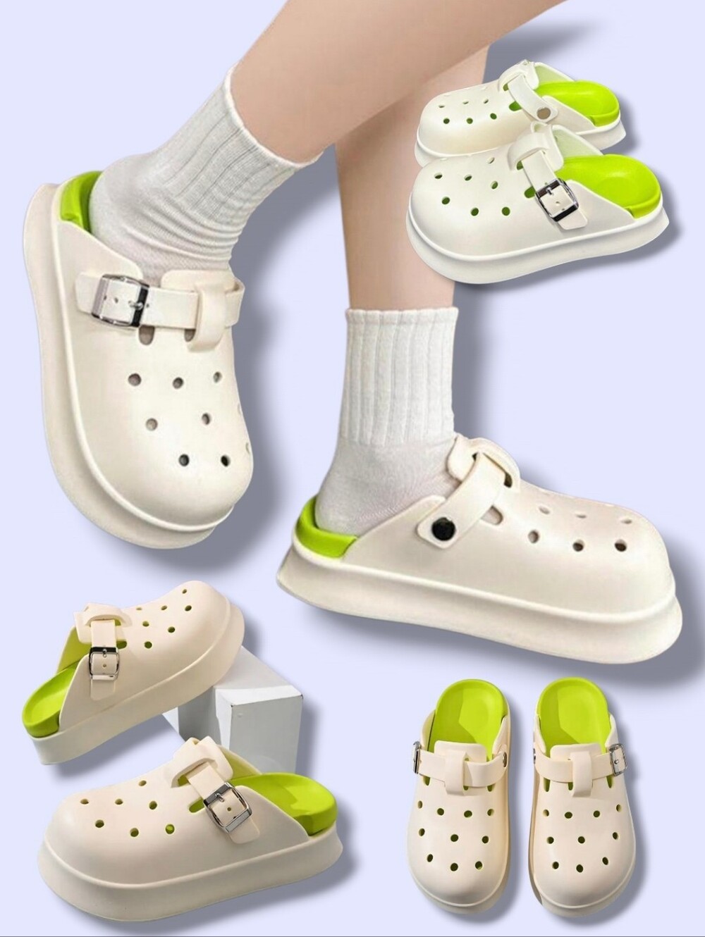 Amazon Women's Off-White/Green Lime Casual EVA Platform Clogs